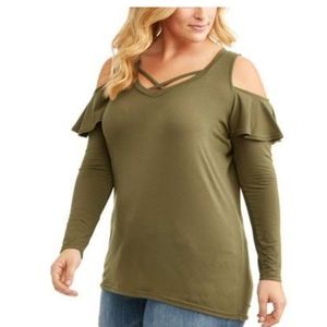 Eye Candy Women's Plus Long Sleeve Ruffle Cold Shoulder with Criss Cross